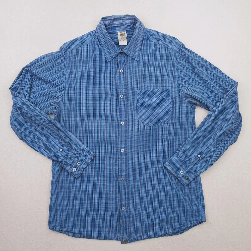 North Face Shirt Mens Medium Blue Black Plaid Long Sleeve Button Up Pocket